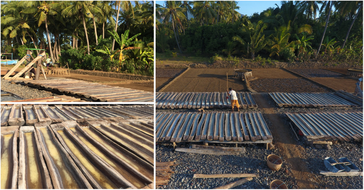 Research photograph showing wooden palung salt evaporation troughs and a coastal salt-making site in Bali